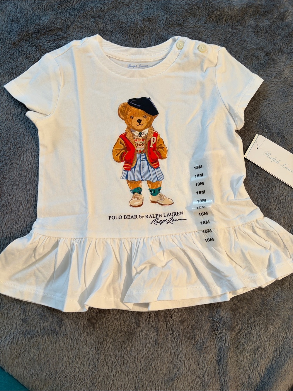 Ralph Lauren White Polo Bear Ruffle Dress Tee with Multicolor Embroidered Bear